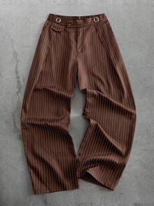 HIMLAND Pantalones holgados a rayas con diseño de hebilla en la cintura para hombre - Café integral - Ver 8