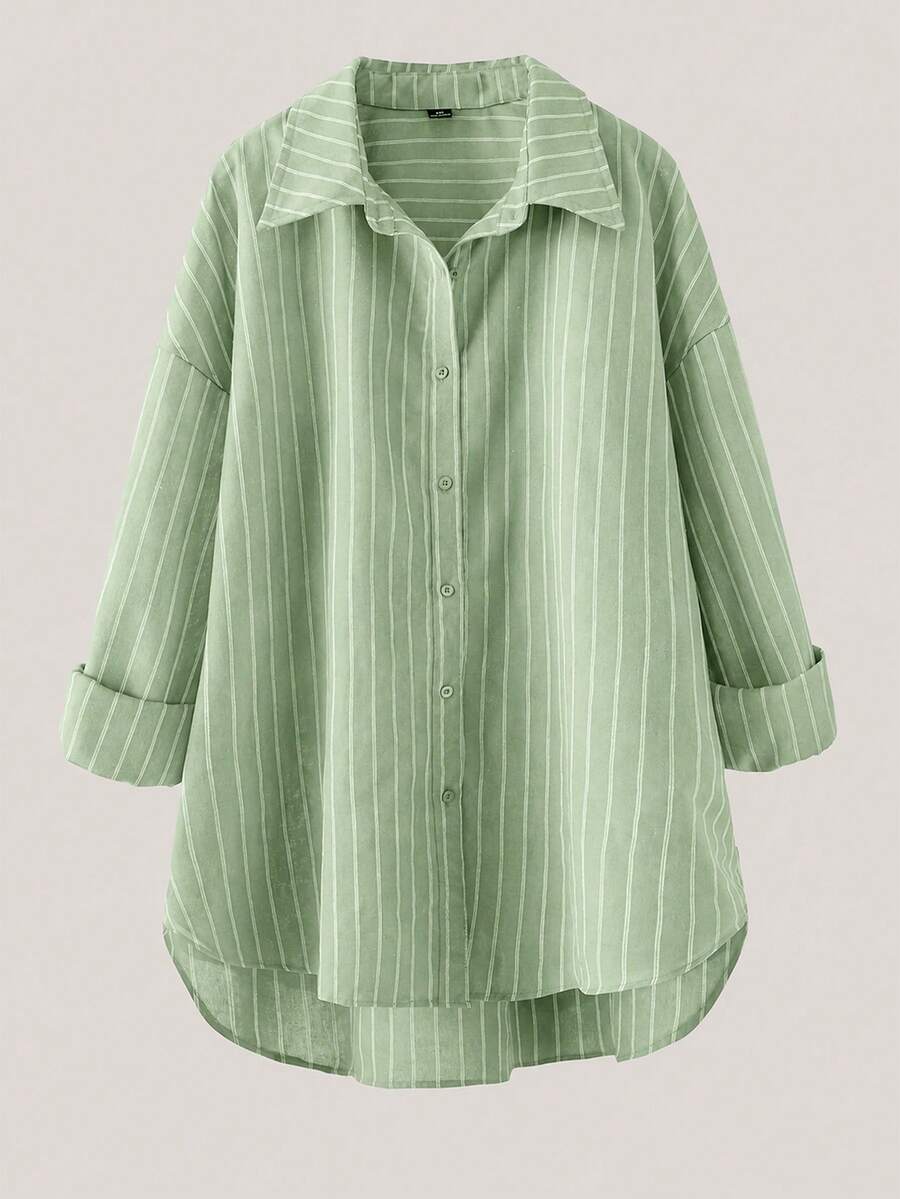 Shapeblank 大尺碼商務休閒單排扣條紋長袖襯衫,適合辦公室穿著 - 薄荷綠 - 查看 1