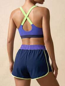SHEIN BAE Women's Contrast Color Camisole And Elastic Waist Shorts Sports Suit Workout Women Sets - Purple - View 3