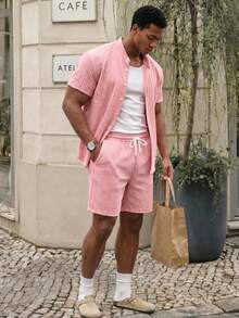Manfinity EZcore Men's Plus Size Summer Pink Casual Solid Color Short Sleeve Shirt And Shorts Set,Beach Party Pool Holiday Vacation Hawaii Tropical Swim Bathing Outfit - Pink - View 1