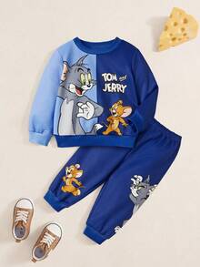 TOM & JERRY X SHEIN 2pcs Baby Boy Cartoon Animal Cat & Mouse Print Patchwork Sweatshirt And Sweatpants Set, Casual Sports Style, Suitable For Spring, Autumn And Winter Fall - Blue - View 1