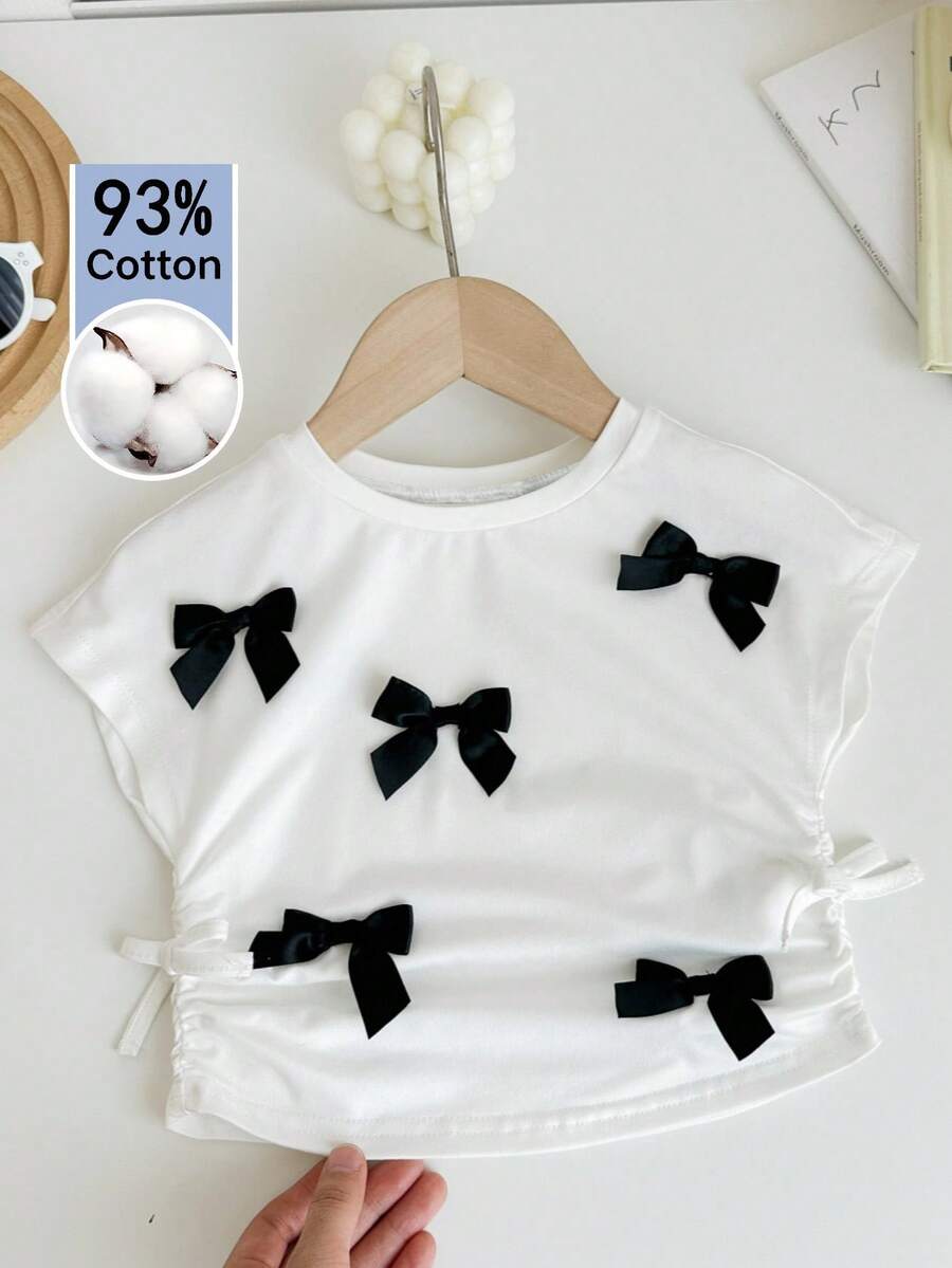 SHEIN ملابس علوية قصير الأكمام أبيض محبوك مع ربطة عنق للبنات الصغيرات، صيفي وعملي - أبيض - مشاهدة 1