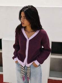 Nöista Ribbed Knit Cardigan In Burgundy With Purpple Contrast Trim, V-Neck, Button Front. Autumn Layering, College, Office, Chic, Cozy Fall. Winter Clothes.. - Rose Red - View 5