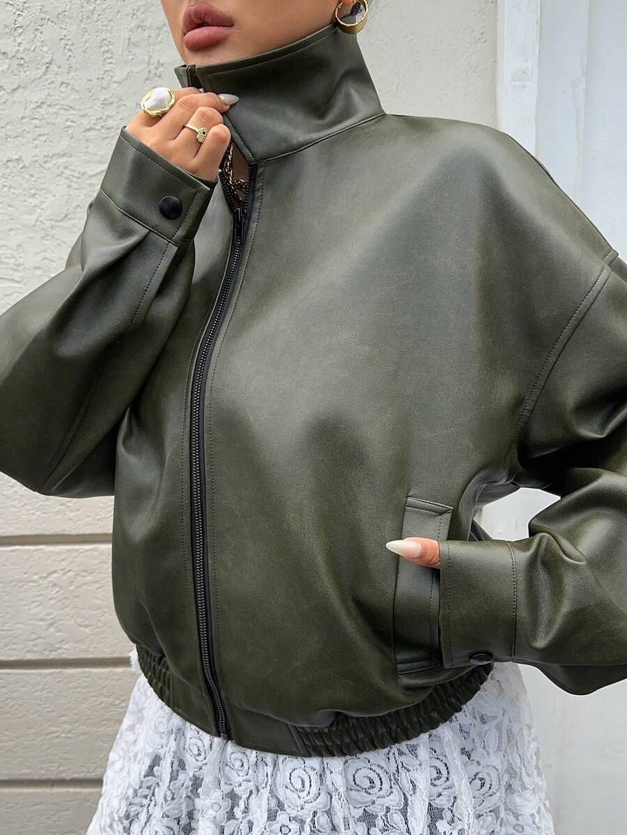 Dazy Plus Spring/Autumn New Distressed Leather Jacket Short Style Valentine's Day Jacket Women's Regular Fit Jacket Plus Size - Dark Green - View 1