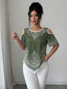 SHEIN Elenzya 優雅波西米亞風白色夏季度假女款短袖上衣，不對稱下擺露肩印花上衣，休閒精品度假上衣 - 橄欖綠 - 查看 5