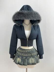 Elamini Women's Autumn/Winter Fashion Streetwear Apricot Vintage Patchwork Short Fleece Hooded Cinched Waist Stand Collar Long Sleeve Short Padded Coat - Green - View 6