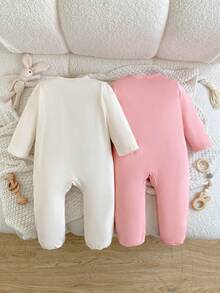 SHEIN Playful Pals 新生兒嬰兒 2 件套可愛粉色連身衣 貓咪印花蝴蝶結長袖按扣式 - 彩色 - 查看 2