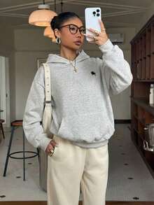 Attitoon 休閒極簡風黑色馬標圖案女款寬鬆運動衫，灰色，適合初秋，棉混紡 - 灰色 - 查看 4