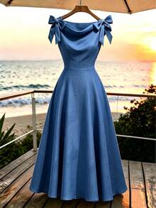 Selianne Shoulder Strap Bowknot Solid Color Woven Linen Textured Back Waist Gathered A-Line Skirt 70s Women's Mid-Length Dress Brunch Dusty Blue Summer - Blue - View 3