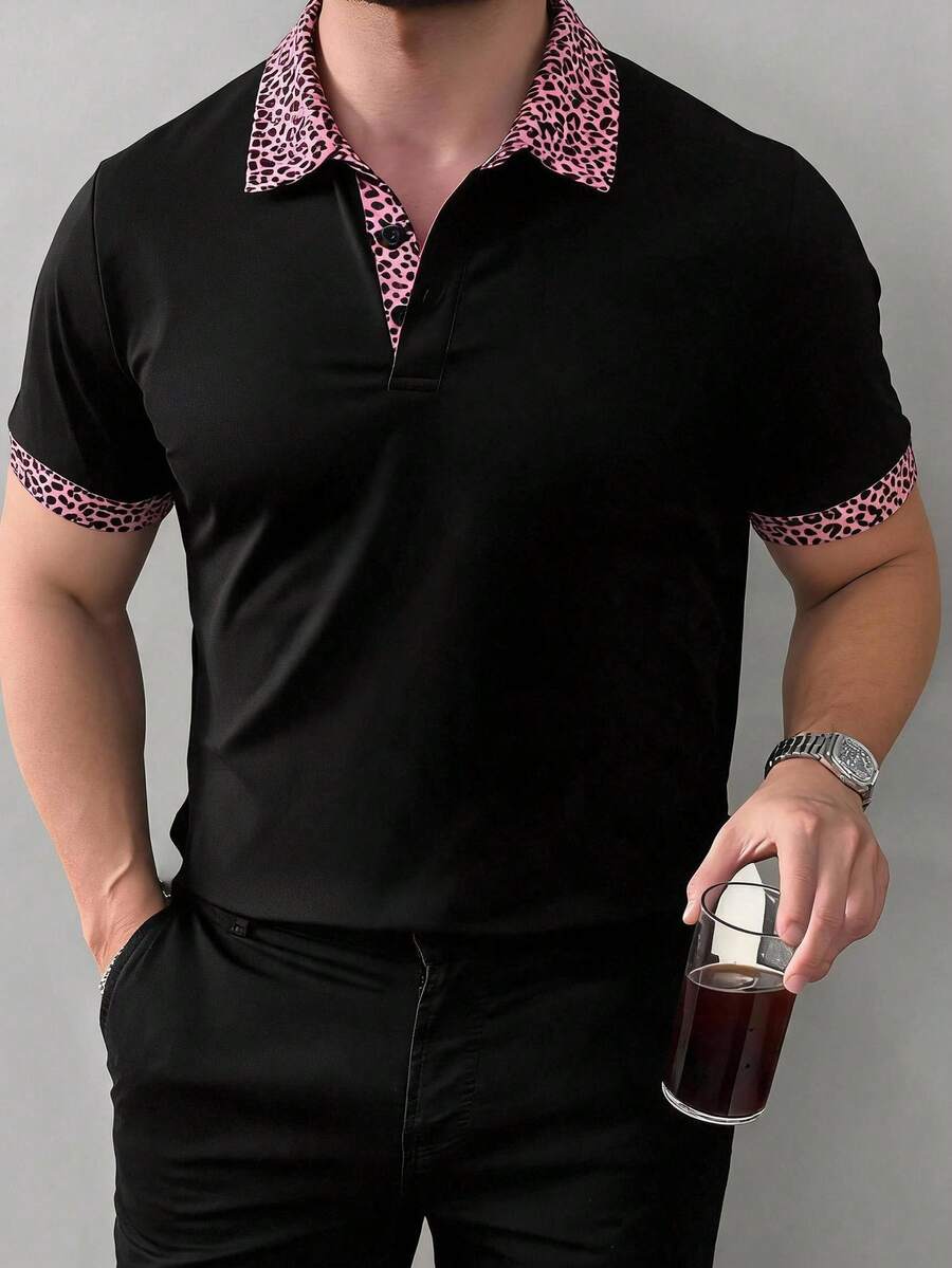 DAZY Men's Short Sleeve Slightly Loose Fit T-Shirt With Contrast Color Patchwork Collar Summer - Black - View 1