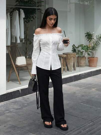 Modelyn Women's Solid Color Ruffle Trim Off-Shoulder Long Sleeve Single-Breasted Fashion Shirt Picnic White Autumn Elegant Birthday French Brunch Lunch Date