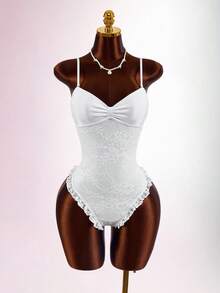 Amplova Women's One-Piece Bandeau Swimsuit With Lace, Sexy And Avant-Garde, Suitable For Vacation Wear, Tie-Front, Bow Back, Ruffled Hem, Night White Summer - White - View 10