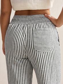 SHEIN PETITE CURVE 大尺碼女款休閒條紋鬆緊腰長褲 - 黑與白 - 查看 8