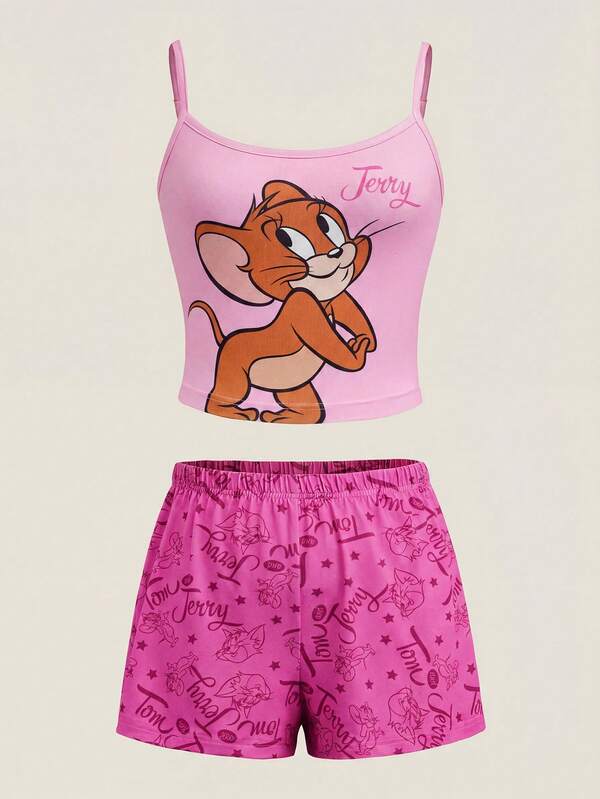 TOM & JERRY X SHEIN Set pigiama da donna con canotta a stampa cartoni animati e pantaloncini alla moda, abbigliamento da relax