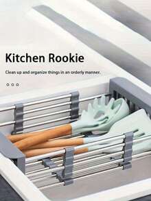 Escurridor ajustable de acero inoxidable retráctil, estante de almacenamiento para fregadero sin perforaciones, escurridor ahorrador de espacio, diseño a rayas, adecuado para fregaderos y encimeras, almacenamiento de cocina moderno, estante de almacenamiento multifuncional - Multicolor - Ver 5