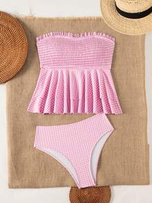 Swim Mod Berry Layered Ruffle Spaghetti Strap Bikini Top, Strapless Design With Front Gathered Detail, Double Layer Ruffle Belly Coverage Slimming, Tank Bikini Top For Beach, Pool And Vacation - Multicolor - View 3