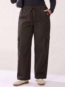 Solavibe Plus Size Women Solid Color Drawstring Waist Pocket Casual Daily Sweatpants,Brown Cargo Pants For Women,Plus Size Brown Drawstring Multi Pocket Cargo - Rust Brown - View 8