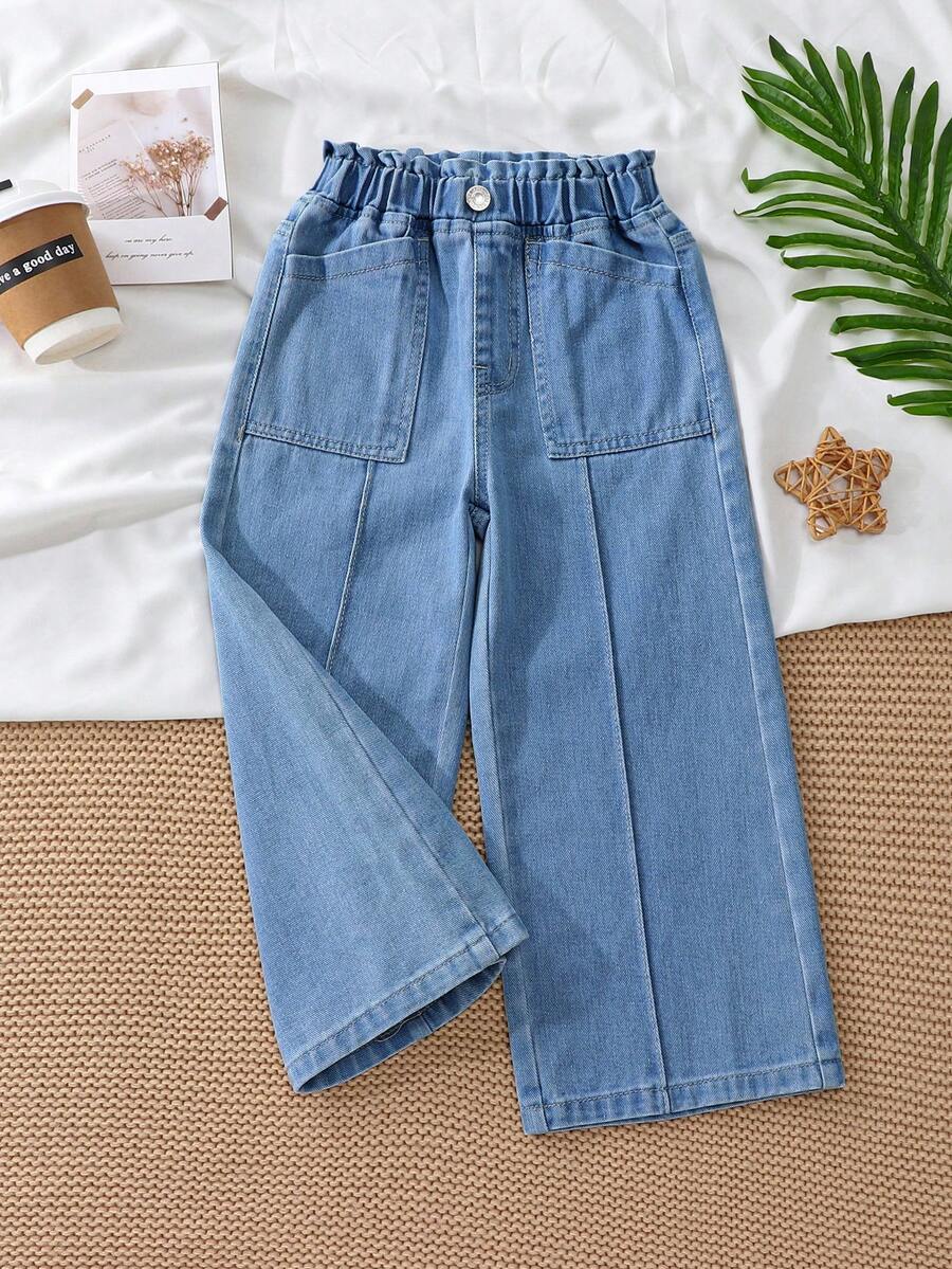 SHEIN Elladie kids 女童淺藍色牛仔寬腿長褲,夏季新品,休閒可愛復古慵懶女孩風,彈性高腰側縫口袋設計,寬鬆舒適寬腿版型,適合返校季、畢業季、兒童節、派對、城市活動、旅行、通勤,休閒復古穿搭,兒童牛仔長褲 - 中等水洗藍 - 查看 1