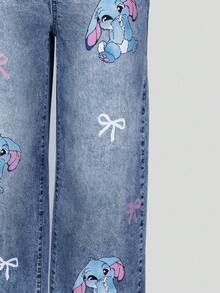 Tween Girls Denim Jeans,Blue Autumn Cute School Casual Rabbit Print,Loose Wide Leg,Comfortable Cotton,Daily Wear,Commute,Available In All Seasons - Blue - View 6