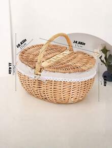 1pc Handwoven Wicker Picnic Basket – Double Lid Storage Hamper With Handle, Natural Willow Fruit Basket For Camping, Shopping, Wedding Decor, Farmhouse Storage - multicolor - View 11