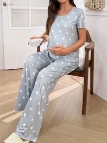 Moonlight&Mama Spring/Summer Fashion Light Gray & White Contrast Heart Print Short Sleeve Long Pants Maternity Pajama Set - Grey - View 3