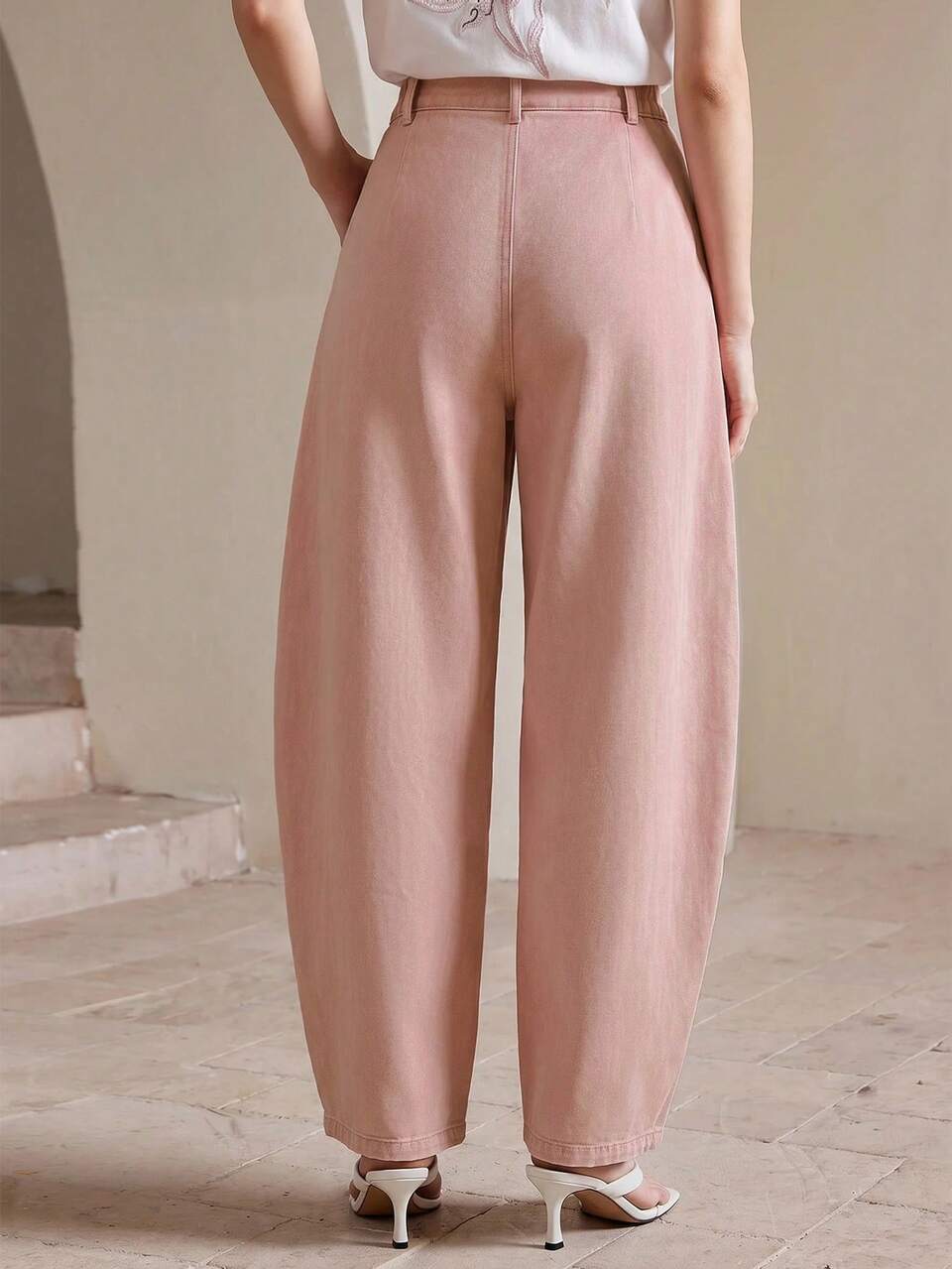 Anewsta Modern Asymmetric Cross Waist Split Line Curved Leg Dusty Pink Denim Jeans For Women Suitable For Commuting Parties Brunch Daily Wear Summer Casual