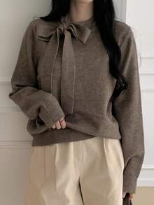 Dazy Tall Sweater Pullover Kasual Wanita dengan Pita dan Tali untuk Musim Gugur - Coklat - View 3