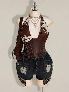 SHEIN ICON 大尺碼女款牛紋拼接鏤空綁帶掛脖背心上衣 - 棕色 - 查看 4