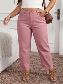 EMERY ROSE Celana Jeans Wanita Ukuran Besar dengan Kantong, Potongan Lurus, Longgar, Kasual, Serbaguna, Formal, Liburan, Warna Merah Muda Pucat, Musim Panas - Dusty Pink - View 5