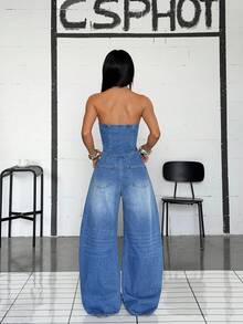 Jeanoix Women's Denim Bandeau Wide Leg/Curved Leg Jumpsuit - Blue - View 3