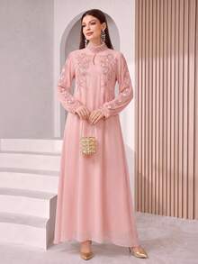 SHEIN Najma 优雅蕾丝边饰串珠装饰女式连衣裙 - 淺粉色 - 查看 3