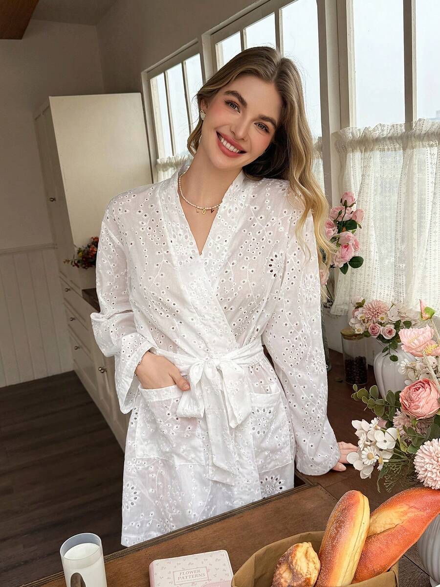 Snug Reverie Spring/Autumn Lightweight Hollow Embroidery Robe - White - View 1