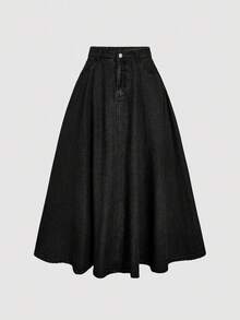 SHEIN MOD 女款鈕扣休閒百搭日常穿著牛仔裙 - 黑色 - 查看 1
