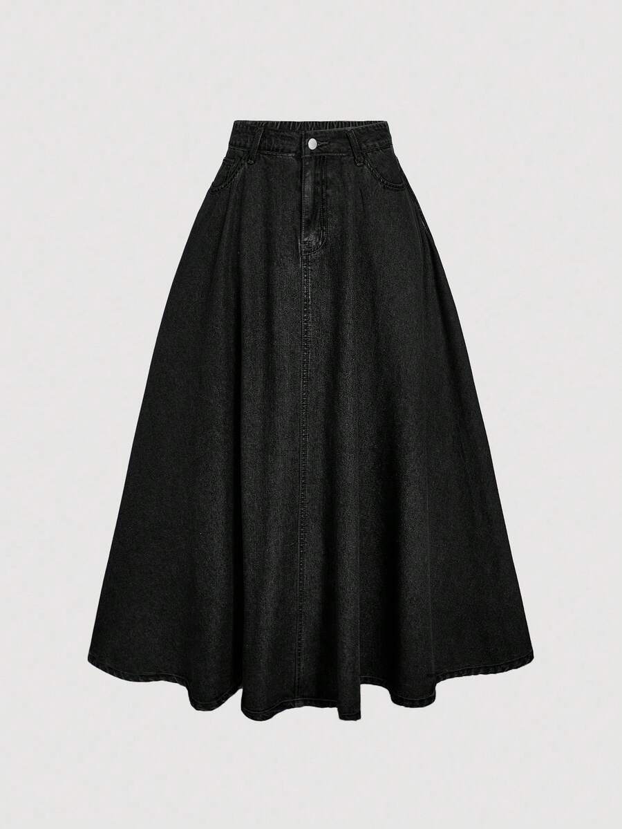 SHEIN MOD 女款鈕扣休閒百搭日常穿著牛仔裙 - 黑色 - 查看 1