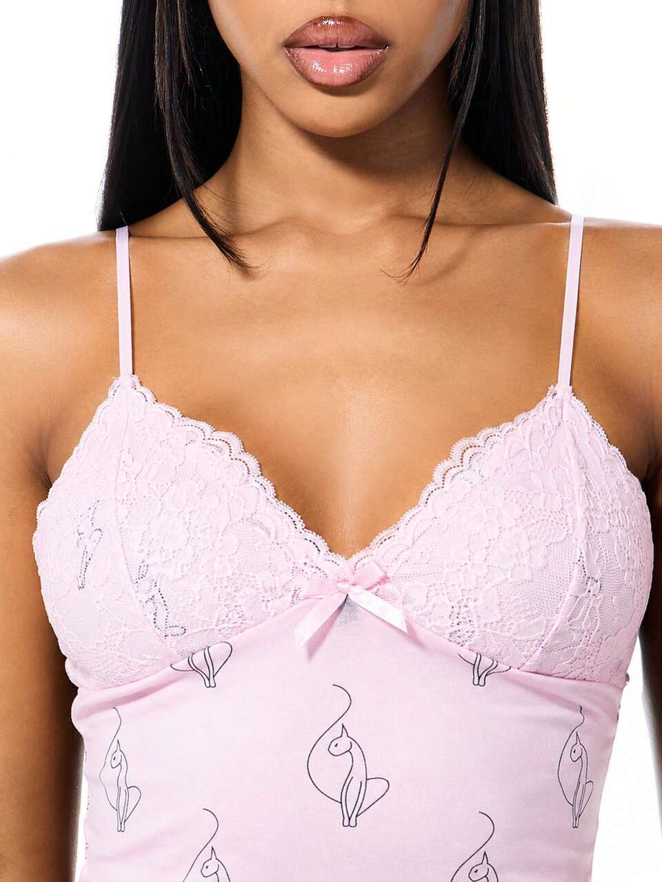 BABYPHAT Lace Trim Cami Top With Abstract Print Adjustable Straps V Neck Tank Top Feminine Summer Casual Sleeveless Top