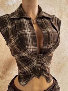 Soleia New Deconstructed Design V-Neck Button Shirt, Plaid Pattern, Suitable For Daily Wear And Commute, Women's - Multicolor - View 5