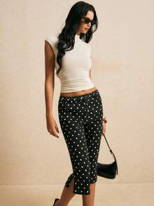 Poéselle Women's Low-Rise Skinny Black And White Polka Dot Cropped Jeans Slits Hem Commuting Everyday Date Night Going Out Summer Retro Vintage 70s Casual - Black - View 7