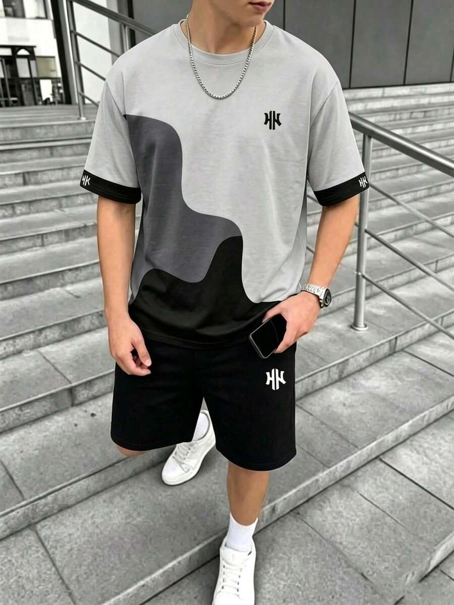 SHEIN Casuvi Kids 青少年男孩短袖圓領T恤 + 口袋短褲 2件套 - 彩色 - 查看 1
