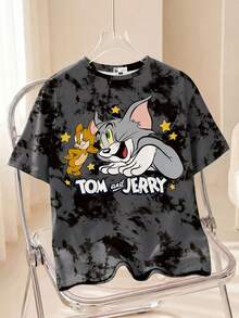 TOM & JERRY X SHEIN 大码扎染星星字母图案休闲T恤，圆领短袖，舒适夏季女装，适合外出和度假穿着。 - 白色 - 查看 1