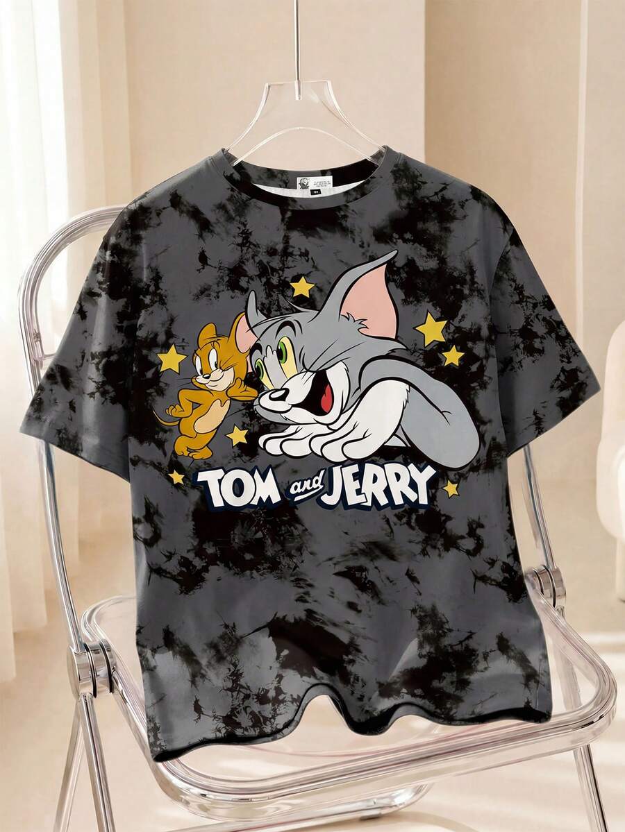 TOM & JERRY X SHEIN 大码扎染星星字母图案休闲T恤,圆领短袖,舒适夏季女装,适合外出和度假穿着。 - 白色 - 查看 1