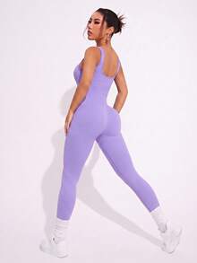 Easithlete Easithlete 女款素色無縫高彈性瑜伽健身連身衣 - 淡紫色 - 查看 2