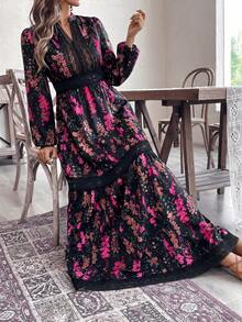 SHEIN VCAY 女款花卉印花蕾絲拼接優雅度假洋裝 - 黑色 - 查看 4