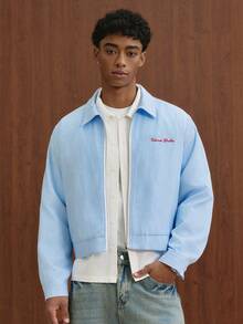 TOKVUE Men's Autumn/Winter Light Blue Fine Striped Chest Embroidered Loose Casual Daily Versatile Commute Exquisite Shacket - Blue and White - View 3