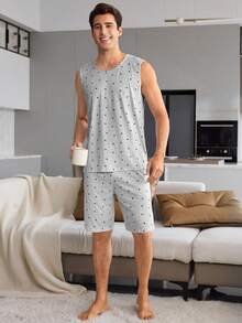 CoupledUp Heart Print Casual Back Print Couple Pajamas Plaid Bermuda Shorts Men's Sleepwear 2-Piece Set - Light Grey - View 4