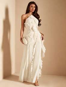 SHEIN BAE 女士粉色露背褶皱高开衩连衣裙，适合婚礼宾客、情人节、春夏穿着 - 杏色 - 查看 1