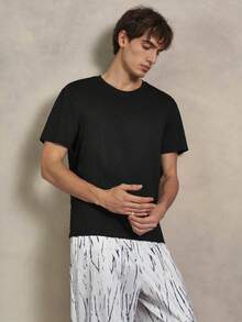 EverLounge Men's Solid Color Crew Neck Short Sleeve Top And Long Pants Loungewear Set - Black - View 6