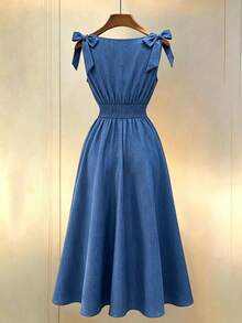 Selianne Shoulder Strap Bowknot Solid Color Woven Linen Textured Back Waist Gathered A-Line Skirt 70s Women's Mid-Length Dress Brunch Dusty Blue Summer - Blue - View 2