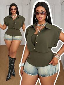 Maweii Women's Plus Size Casual 2-In-1 Dark Green Shirt With Inner Tank Top, Wooden Button Decor, Wide Design, Fashionable Versatile Plus Size Dark Green Shirt For Party, Night Date, Romantic Date, Vacation, Daily Wear, Slimming And Flattering, Versatile Plus Size Shirt - Army Green - View 2