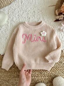 SHEIN Baby Girl Knit Solid Color Letter Pattern 3D Floral Casual Cute Baby Fairy Sweater Family Matching Photoshoot Pastel Pink Autumn - Beige - View 4
