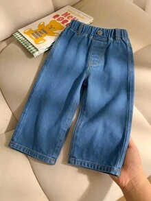 女嬰牛仔寬腿褲 春夏新款休閒中藍色牛仔色 春夏度假彈性腰帶金屬鈕扣裝飾 寬鬆寬腿版型舒適純棉牛仔面料 日常百搭 T-shirt 搭配 春夏度假日常出遊聚會 春夏牛仔度假出遊棉 - 中等水洗藍 - 查看 1